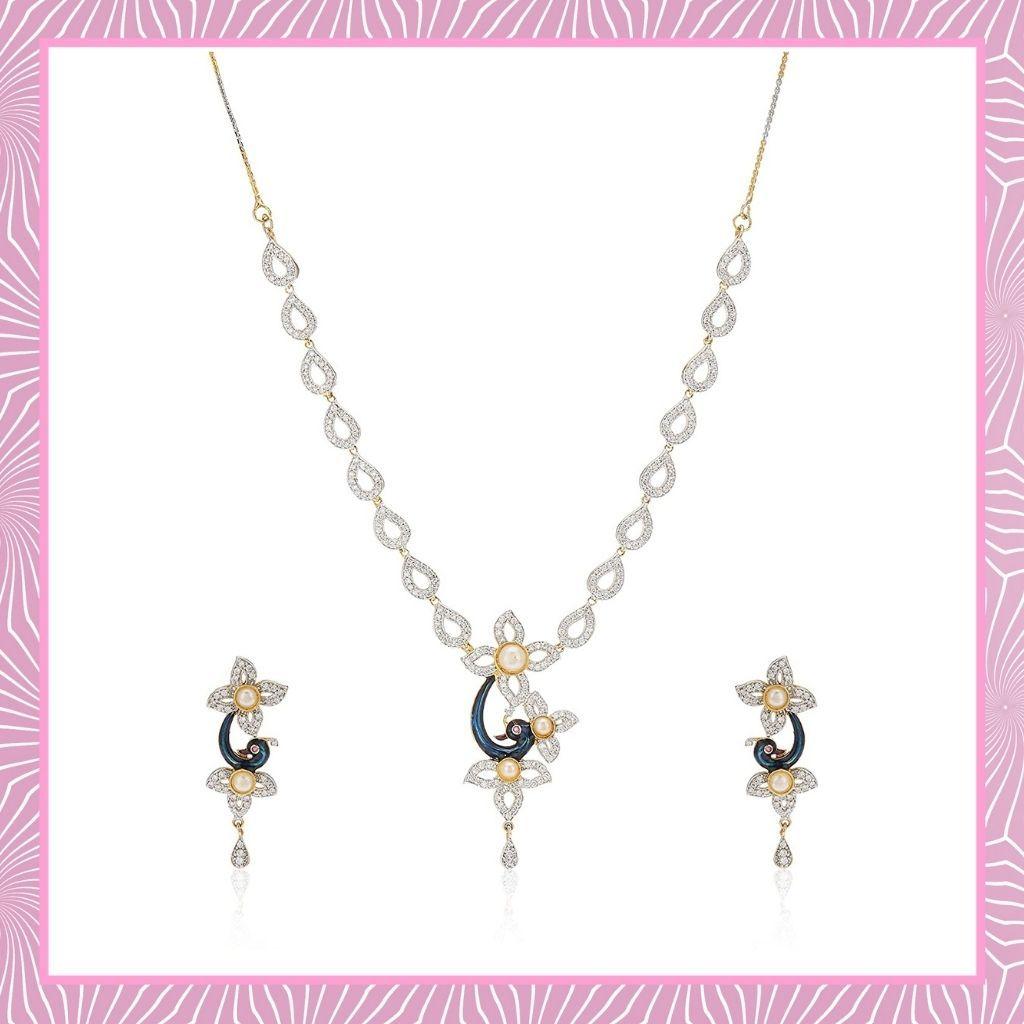 Estele 24 Karat vergoldete amerikanische Pfauenhalskette, besetzt mit Diamanten