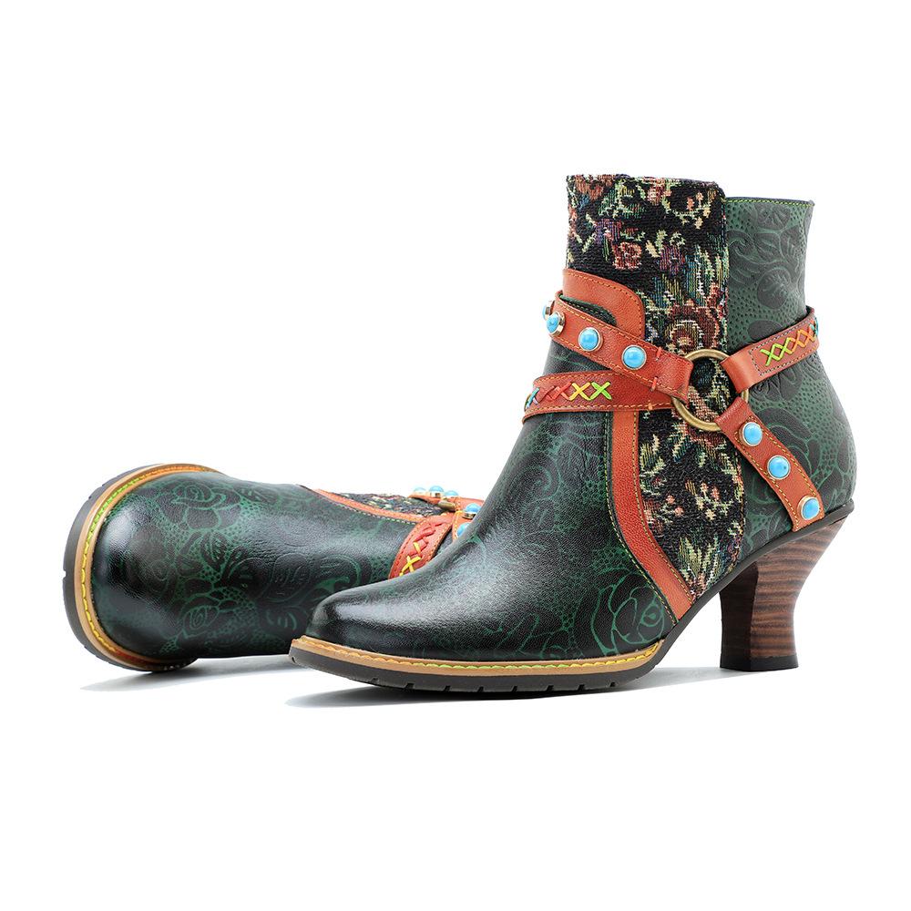 Johnature Genuine Leather Boots Fashion Women High-heeled Shoes Retro Rivet Patchwork Short Boots