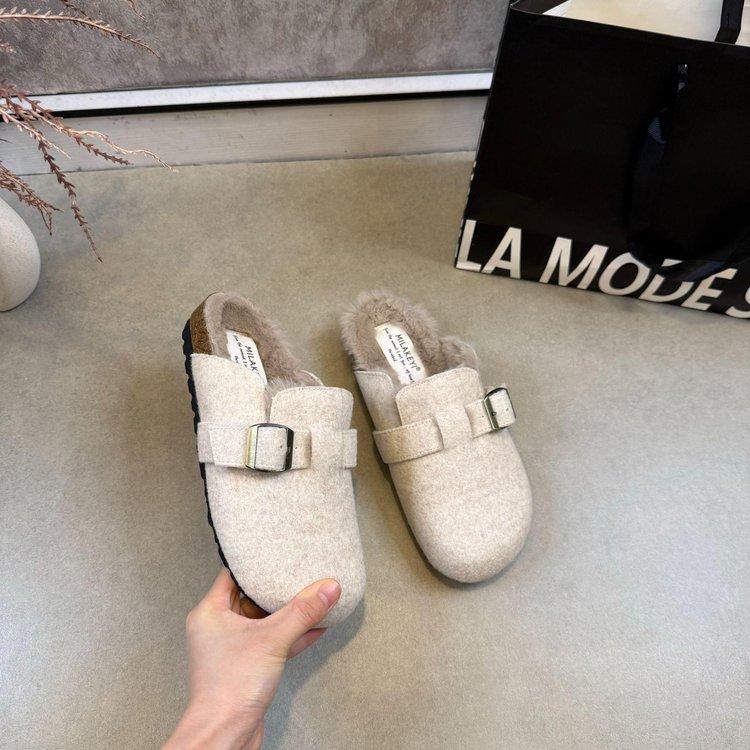thick-soled fluffy shoes, velvet warm cotton shoes, bag head half-towed, autumn and winter flat-soled women's single shoes