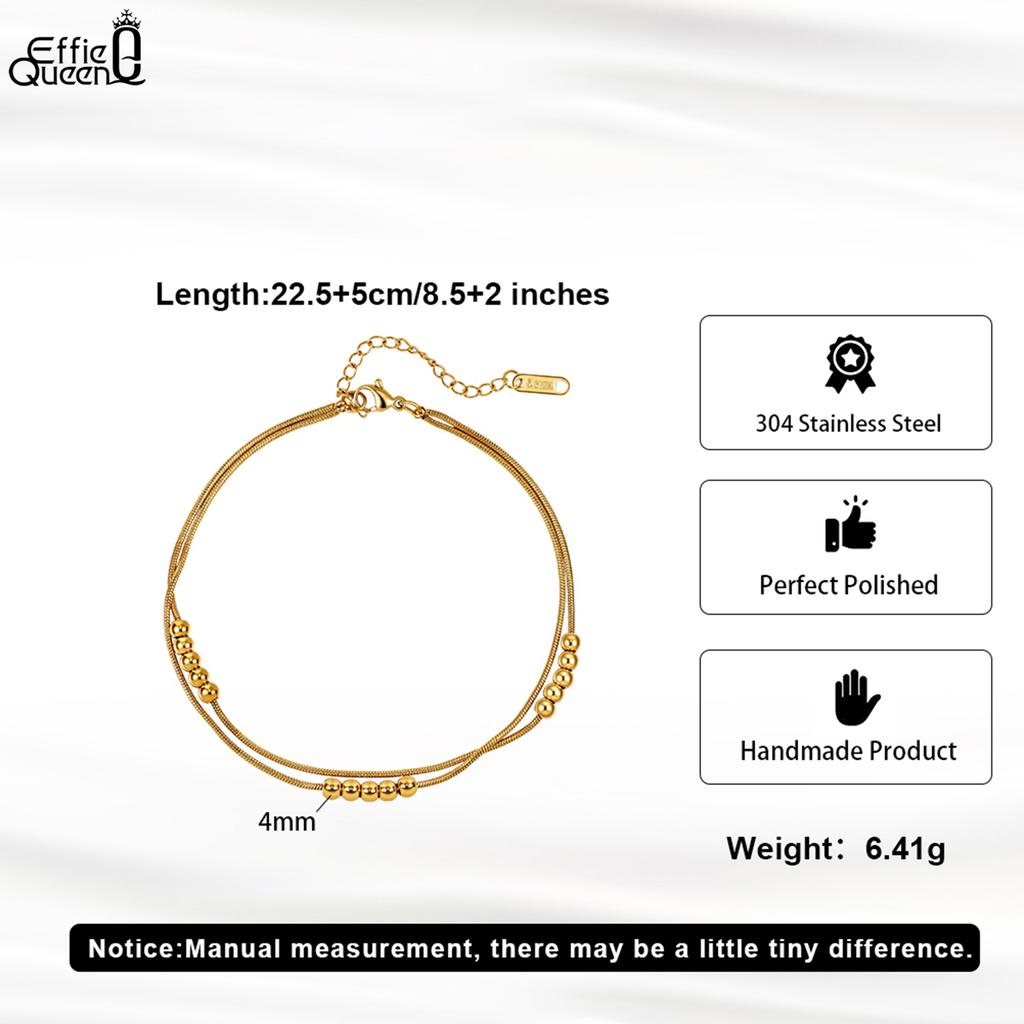 Effie Queen Stainless Steel 18k Gold Beads Ball Strand Chain Anklet Trendy Jewelry for Women Vacation Summer Beach Gift STCA04