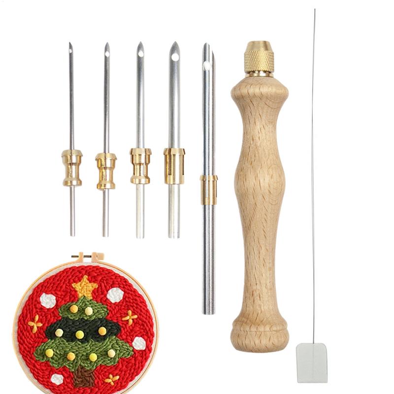 Punch Needle Kits Wooden Handle Punch Pen Embroidery Tools 5/3.5/2.5/2/1.6mm Needles Hooking Tool Kits for Embroidery Floss