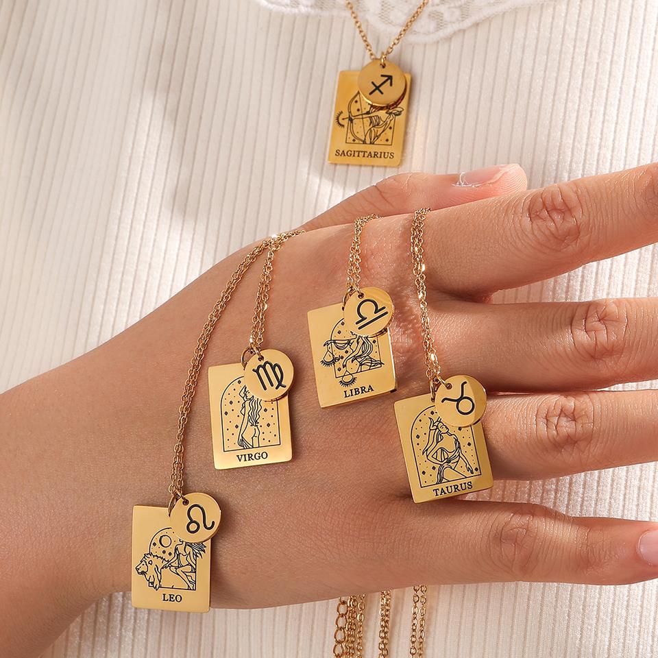 Htpwe Stainless Steel Twelve Zodiac Signs Pendant Necklace Women's Plated 18k Gold Couple Holiday Gift Necklace Party Zircon
