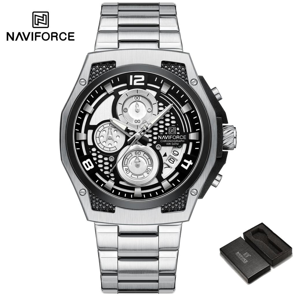 Naviforce Watch for Men Calendar Chronograph Stainless Steel Strap Luminous Waterproof Fashion Casual Outdoor Sports Men's Wristwatch NF8051S