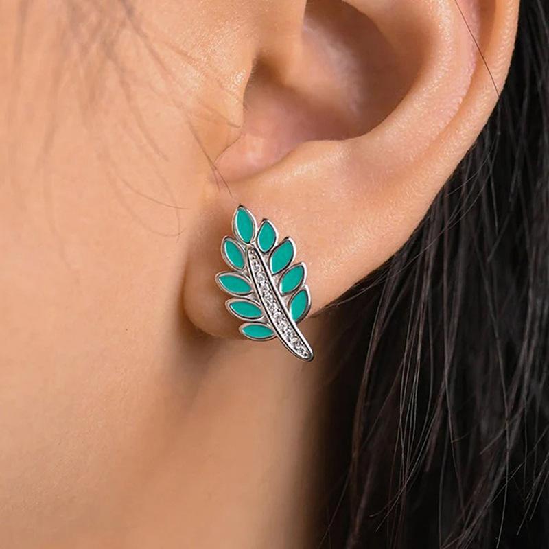 Silver Plated Turquoise Enamel Leaf CZ Stud Earrings, Nature Inspired Feather Shape Earrings for Women