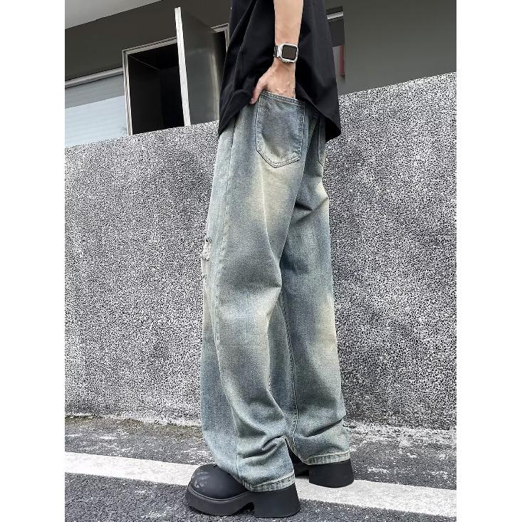 Men'S Retro Washed Vintage Wide Leg Jeans, Men'S Loose Straight Leg Casual Versatile Vibe Hanging Long Pants