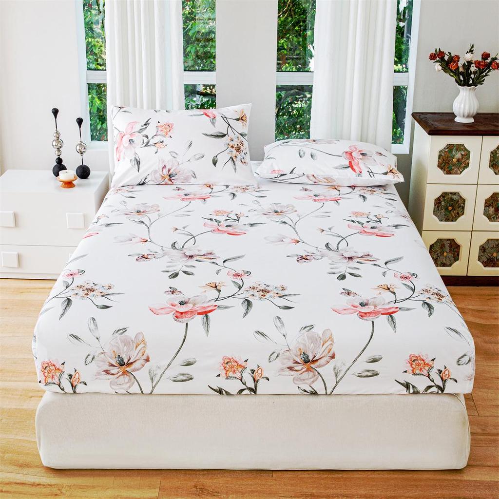 Floral Stain-Resistant Fitted Sheet & Pillowcase Set - Three Pieces