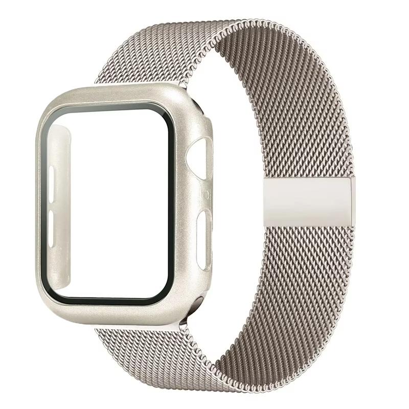 Milanese Loop+case for Apple Watch Band 44mm 45mm 40mm 41mm 42mm Tempered Glass+cover Iwatch Series 9 8 7 6 Se 5 4 Accessories