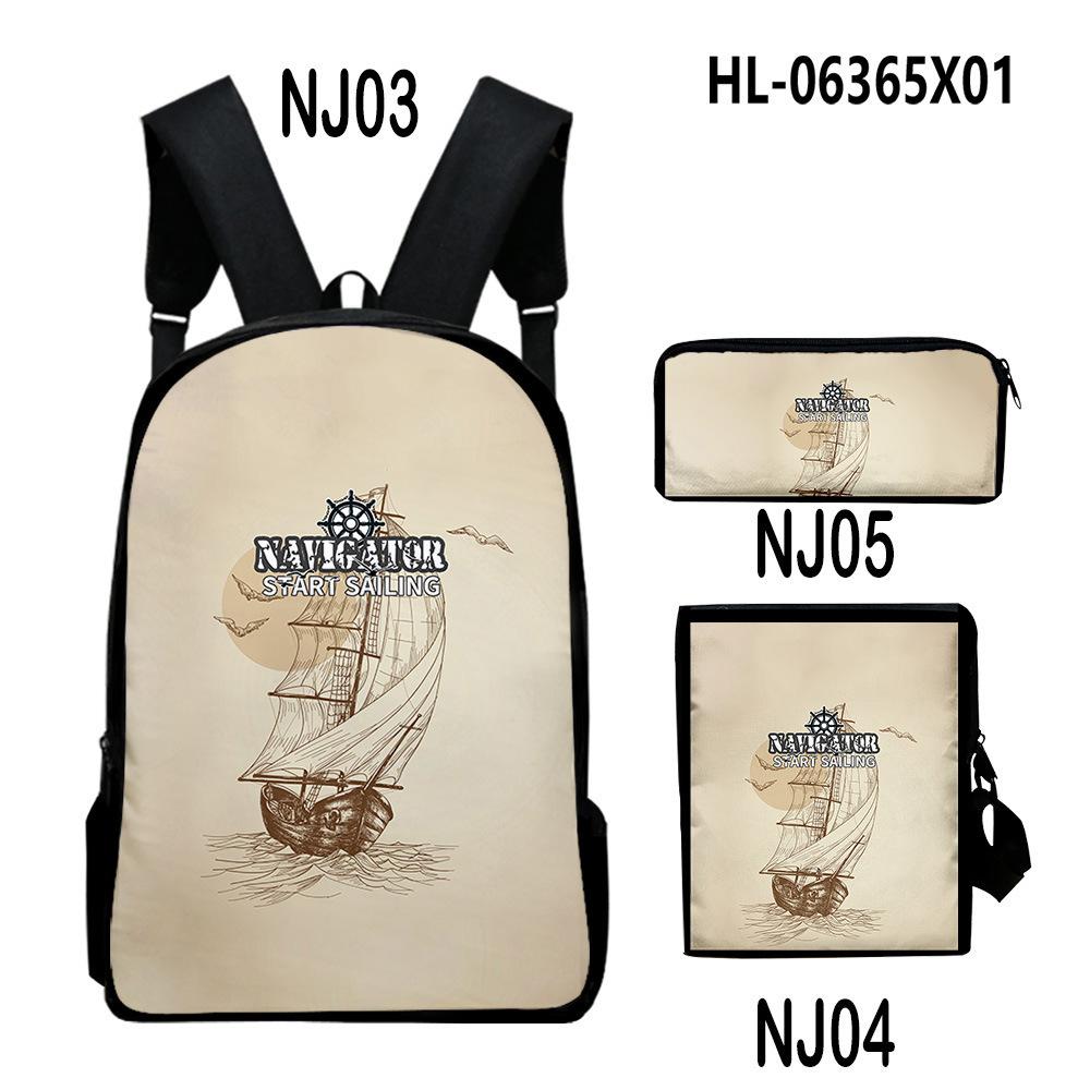 Classique Nouveauté Rétro navigation Impression 3D Set de 3 pièces Sacs d'école pour élèves Sac à dos pour ordinateur portable Sac à dos Sac à bandoulière incliné Trousse à crayons
