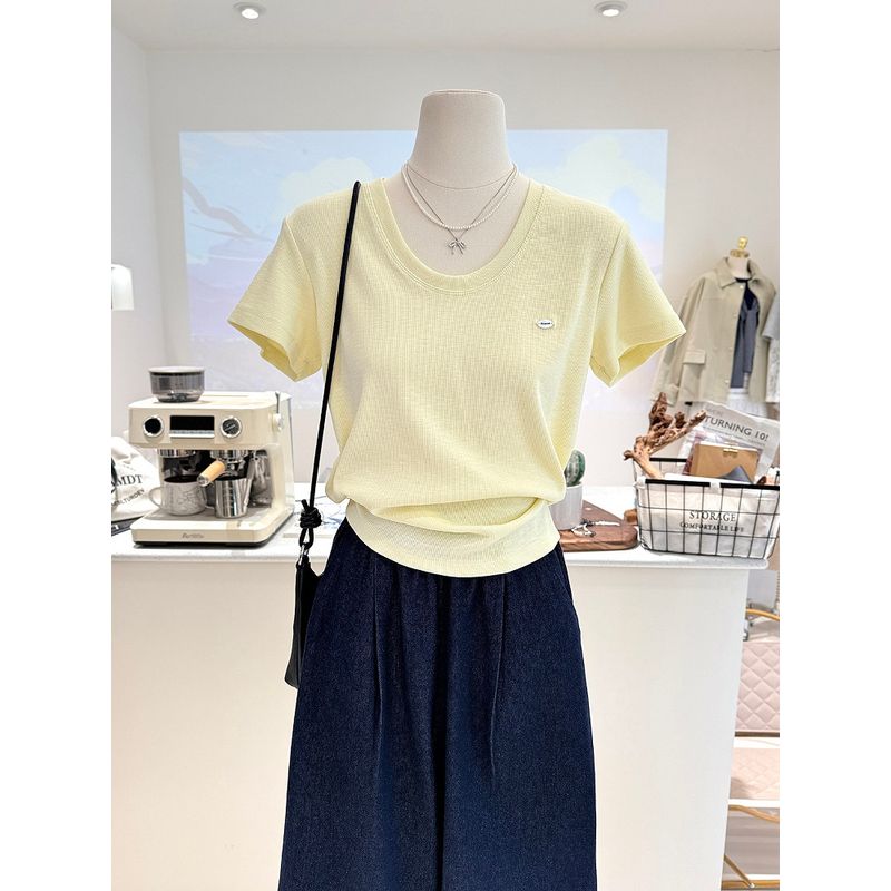 

ZDM Plus size 150.00kg Korean Series Simple Solid Slim fit Big Neckline Short sleeve T-shirt Women Summer Short Bottoming Shirt Ins Yellow M Recommended Within 40kg-52.5kg