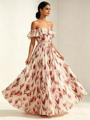 European and American Summer Printed Long Dress Waist Thin Big Swing Dress Women's Holiday Style Tube Top Elegant Long Dress