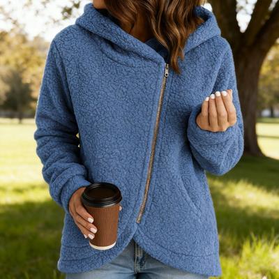 Yousheng Women's Fleece Jacket Oblique Zip Up Long Sleeve Sherpa Coat Fuzzy Hooded Jacket with Pockets Fall Winter Outerwear