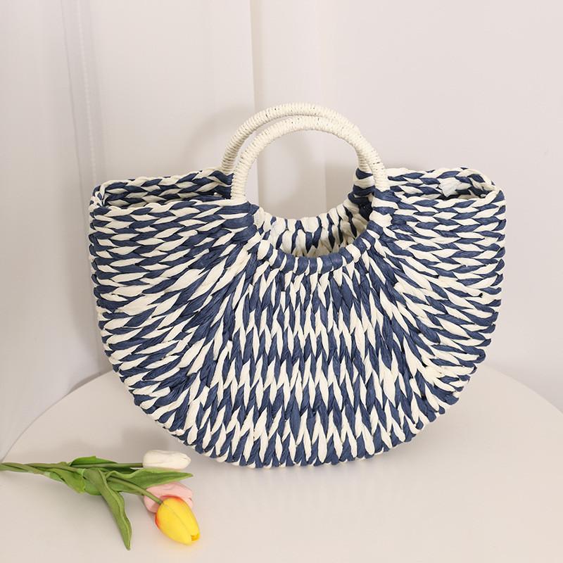 Fashionable Half Moon Straw Tote Street Style Medium Size Dual Handles синий