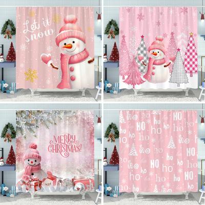 Tenda Doccia di Natale Rosa Pupazzo di Neve Albero di Natale Regalo di Capodanno Tessuto in Poliestere Tende da Bagno per la Casa Decorazione Bagno con Ganci