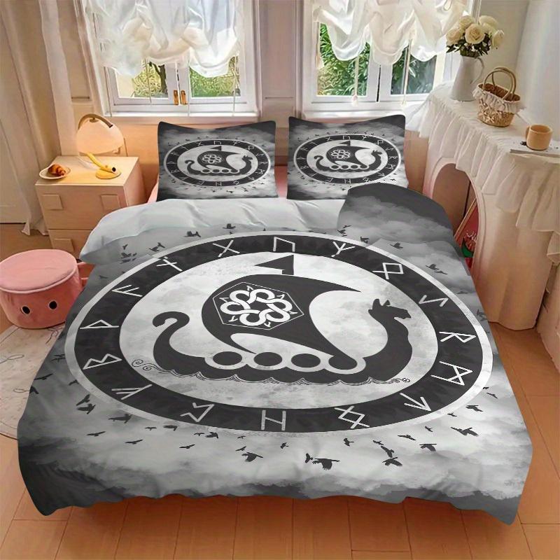 3pcs Viking Raven Bedding Set Soft Polyester Down Comforter Cover and Pillowcases, Suitable for All Seasons, Practical Gifts for the Home 0729092