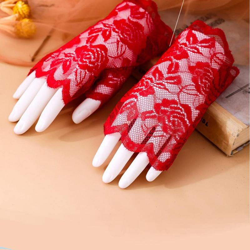 1pair Black Lace Rose Decoration Sheer Breathable Party Gloves