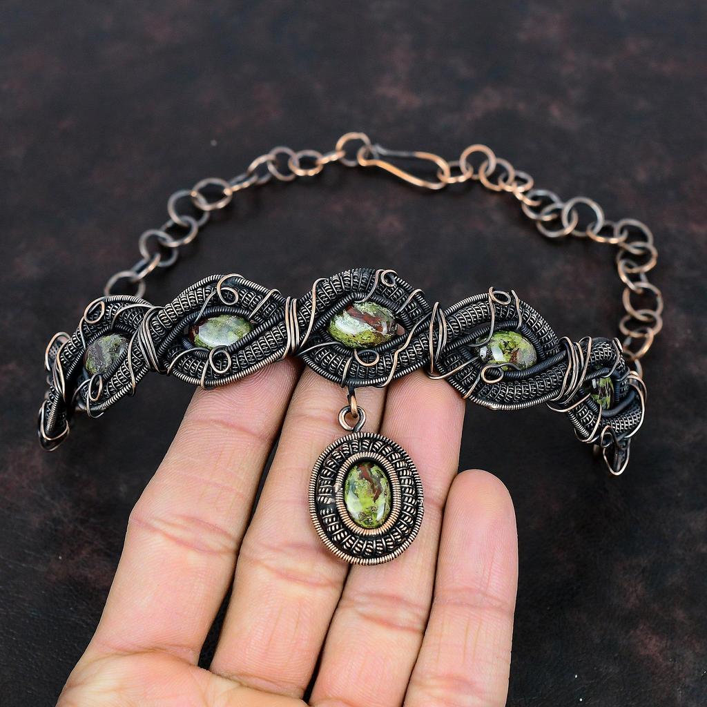 Dragon Bloodstone Necklace Copper Wire Wrapped Necklace Adjustable Chain Necklace Gemstone Copper Wire Jewelry Handmade Necklace For Gifts