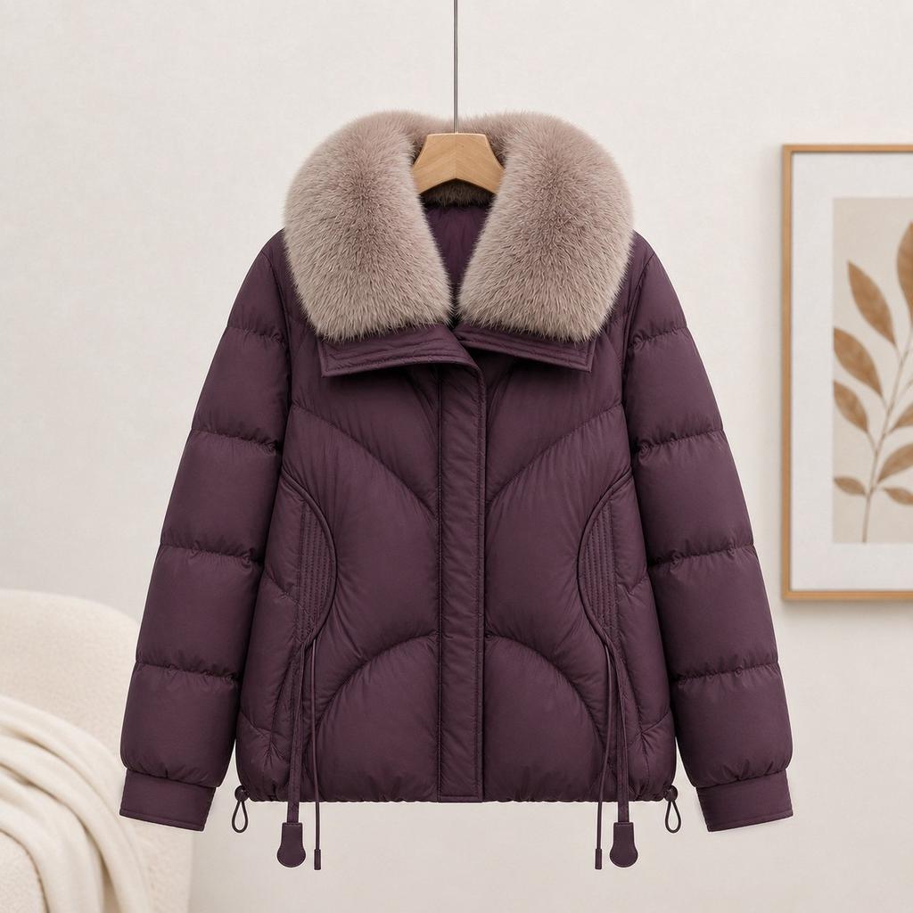 Winter European black cotton-padded jacket for women, small man, new style, fashionable big fur collar short cotton-padded jacket