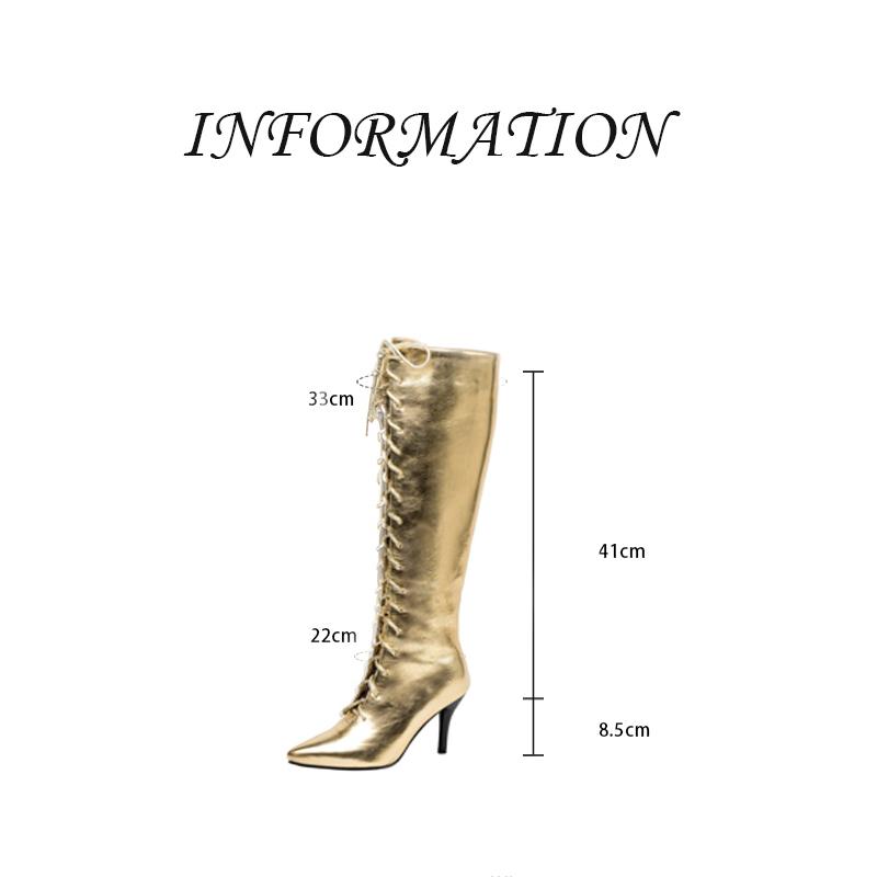 Oro Argento Stivali Donna Inverno Punta Affusolata Stringati Tacchi Alti Scarpe Performance Gruppo Ballo Festa Stivali Alti al Ginocchio Femminili