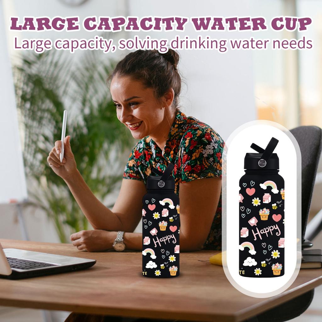 Sports Kettle Stainless Steel 1L Large Capacity Printed Large Mouth Insulated Cup Portable Handle Straw Water Cup