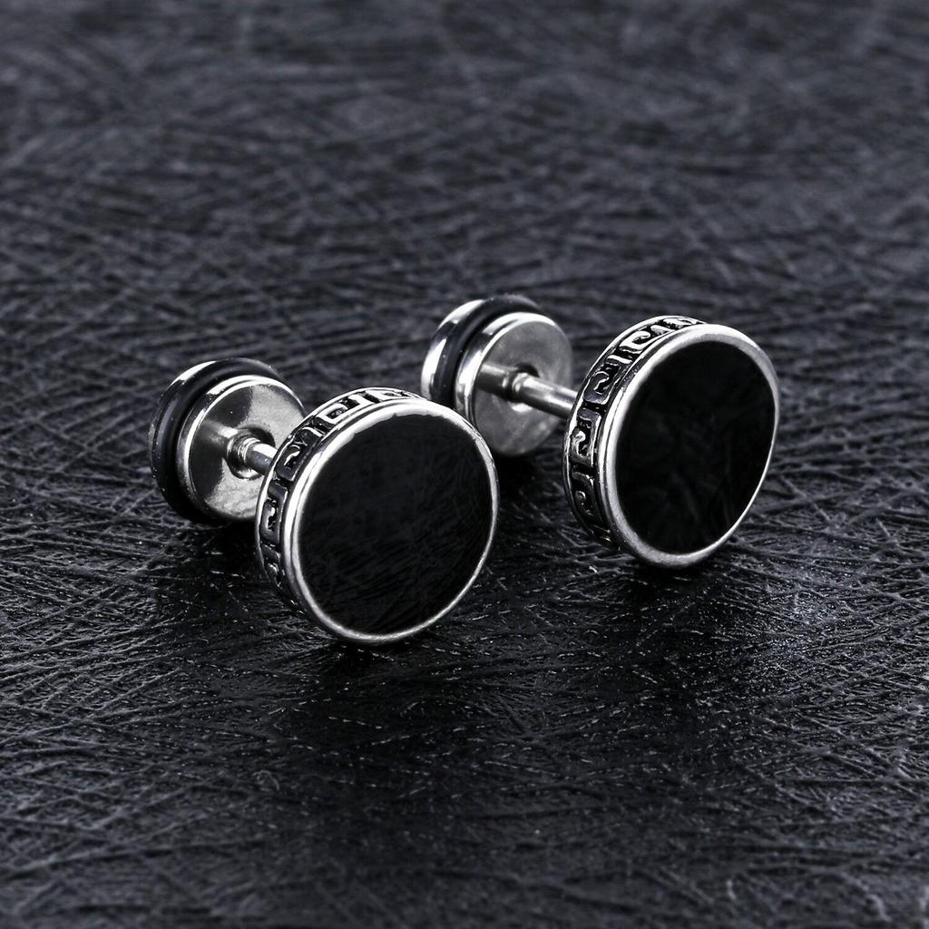 2026 Men's Titanium Steel Stud Earrings, Golden Great Wall Paper Pattern Flat Round Cake Type, Glue Stud Earrings