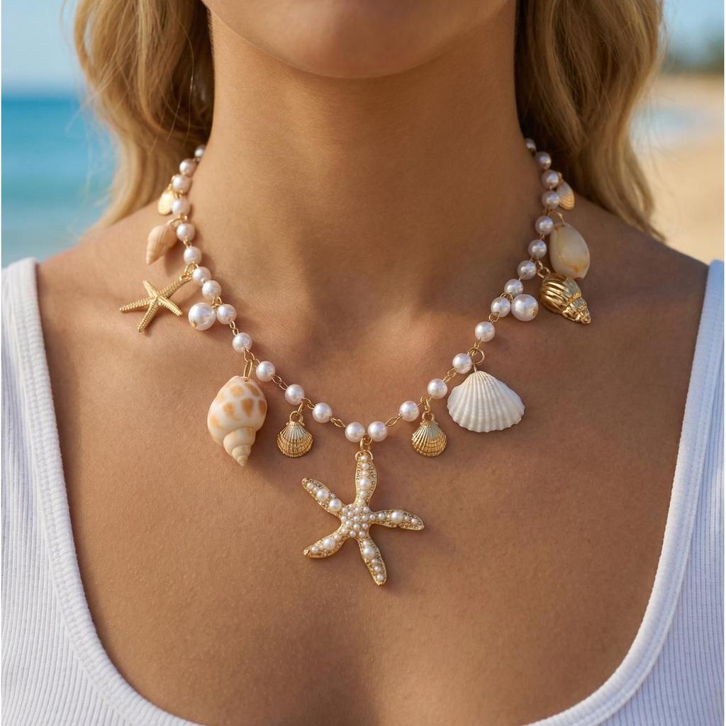 Bohemian Conch Shell Starfish Imitation Pearl Pendant Necklace for Men, Summer Beach Fashion Ocean Series Jewelry