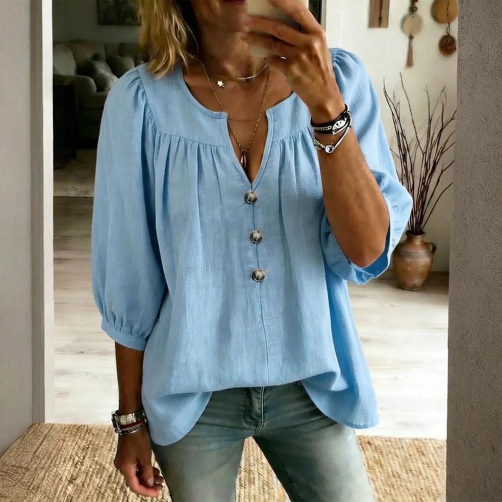 Women's Cotton And Linen Three-quarter Sleeve Button Casual Loose T-shirt