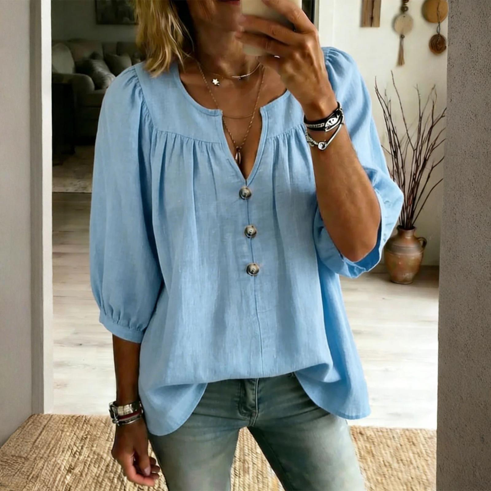 

Women s Cotton And Linen Three-quarter Sleeve Button Casual Loose T-shirt XL небо синє кольору