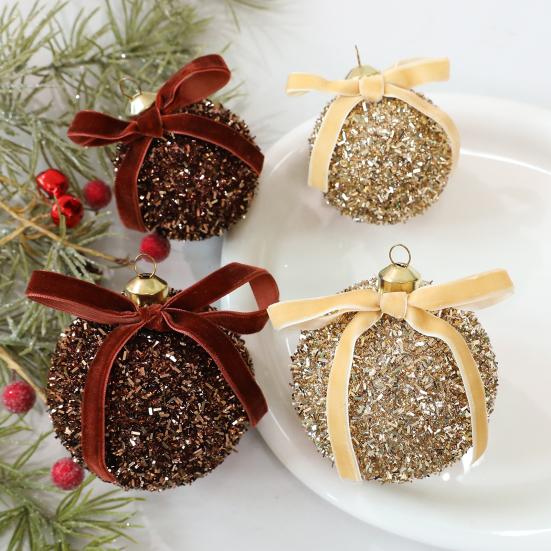 Glitter Christmas Balls Ornament Sparkly Shatterproof Tinsel Balls with Bow Sequin Hanging Ball Xmas Tree Decoration for Xmas Wedding Indoor