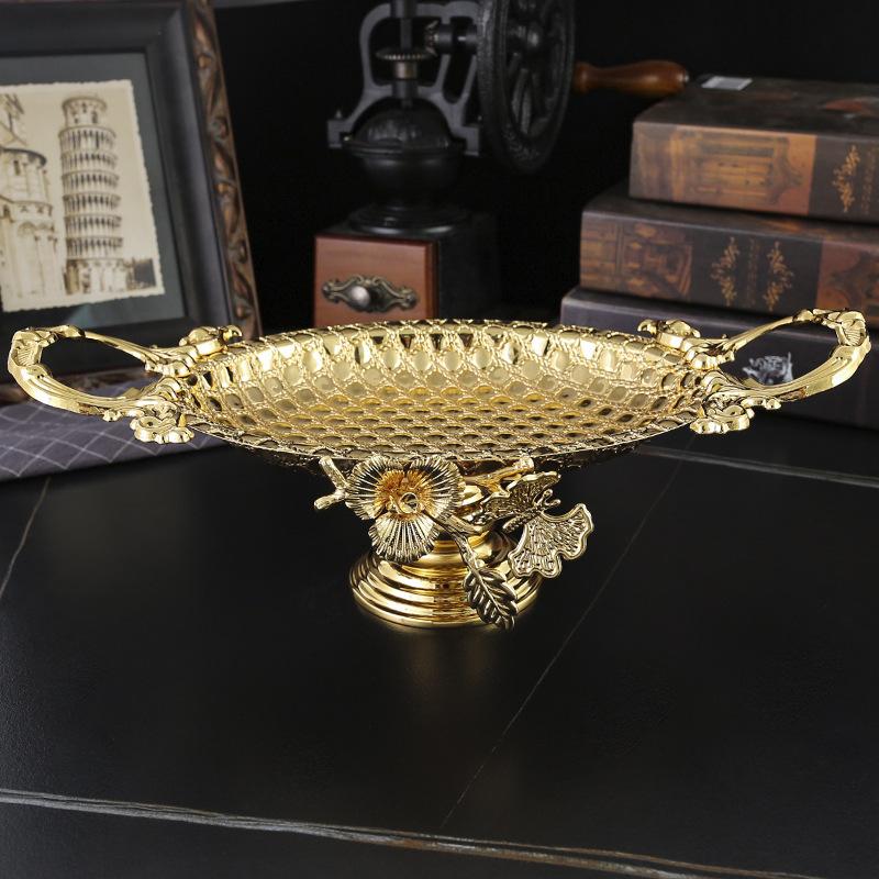 European Style Round Fruit Tray Golden Snack Tray with Handles for Storage Cookie Cake Dessert Food Candy Serving Dish