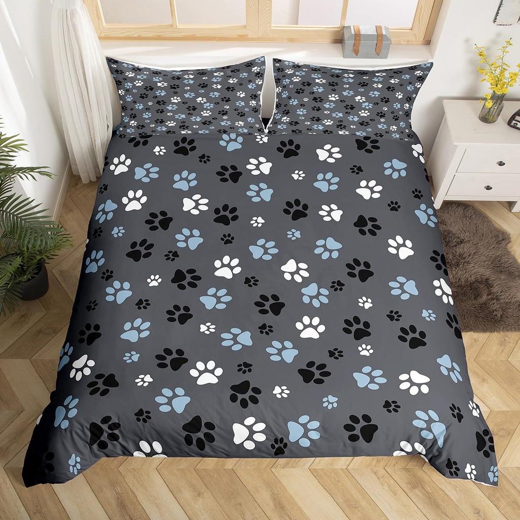 Dog Paw Print Duvet Cover Set Queen Size, Bone Pattern Bedding Set 3pcs For Kids Teens Room Decor, Pet Animals Comforter Covers
