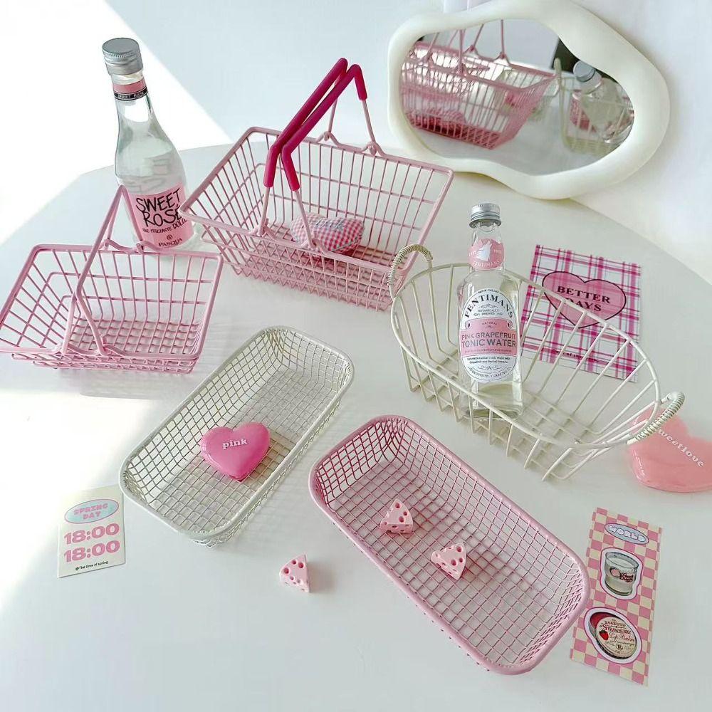 S/M/L Storage Basket Mini Large Capacity Desktop Organizing Basket Iron Pink Hand Basket for Jewelry Cosmetics Parts Sundries