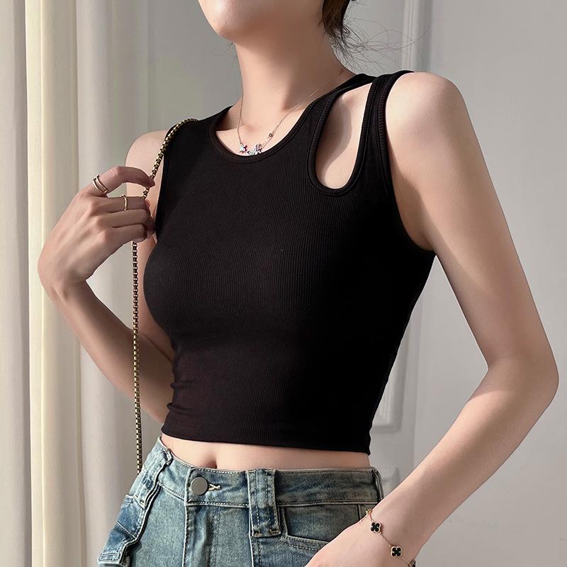White Hollowed Camisole for Women – Summer Short Top with Built-In Bra, Exposed Navel, Sexy Innerwear