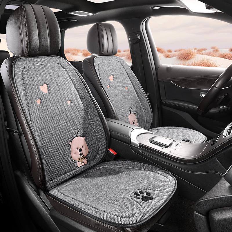 Beaver Cartoon Cotton Linen Car Seat Cushion for Hyundai Festa, Elantra, Tucson - All-Season Use.