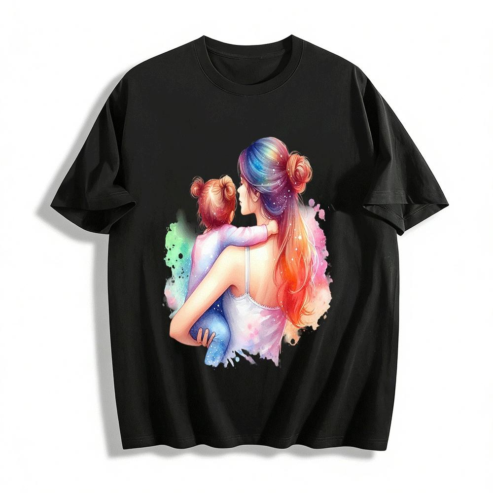 Warm Mother And Child Hug Print Casual Top Pure cotton T-shirt XXS