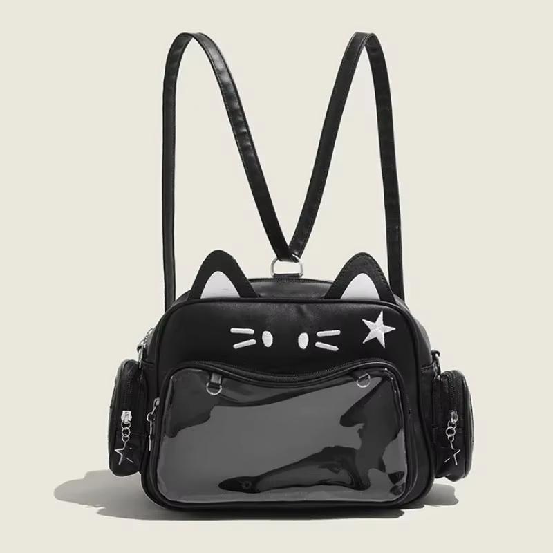 New Korean Kawaii Cat Ita Bag Cute PU Shoulder Bag Girls Transparent Pocket Harajuku Crossbody Bag Women's Fashion Backpacks