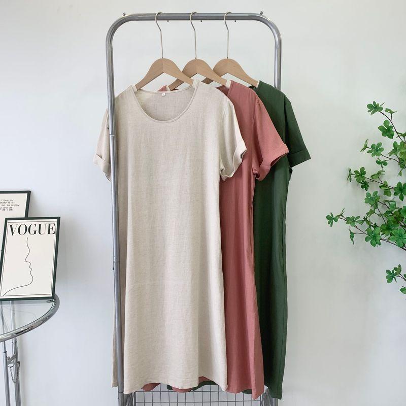 Cotton and Linen Dress Women's Inventory 2025 New Arrival Summer Linen Short Sleeve Mid Length Long Length Skirt Pure Color Temperament Dress
