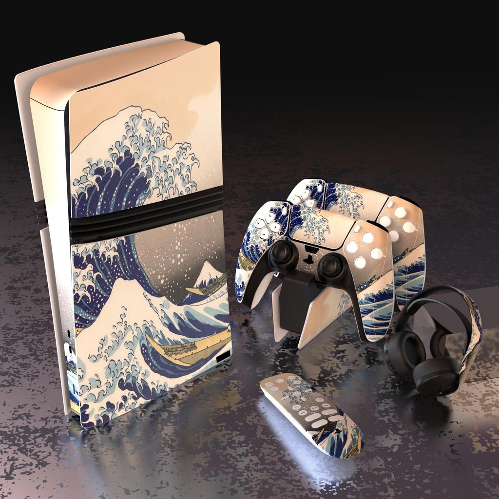 PlayVital Ps5 Pro Body Full Set Custom Sticker for Digital and Disc Charging Decal Sticker Cover for Media Remote Control Great Wave Off Compatible,