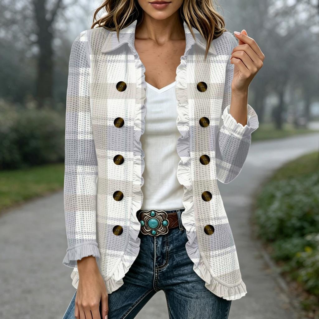 Women's Fashion Plaid Print Long Sleeve Ruffle Open Front Cardigan Outerwear for Everyday Wear