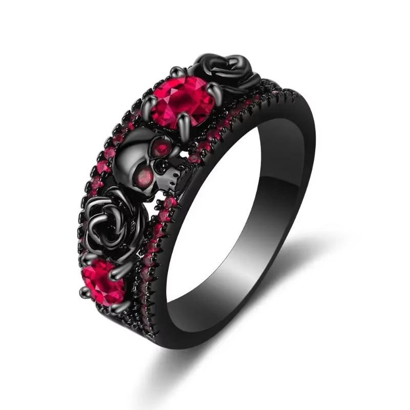 Huajie Personality Women's Rose Carving Zircon Eyes Skull Rings Gothic Style Gun Black Ring Accessories  Trend