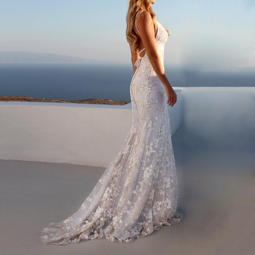 Women Formal Dresses Fashion Lace Backless Deep V Neck Sleeveless Long Dress