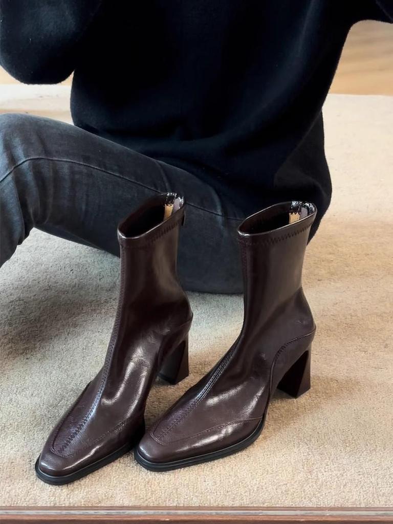 2025 Herbst/Winter Damen Französische Retro High Heel Stiefeletten - Blockabsatz, Eckige Zehenpartie, Stretch-Passform