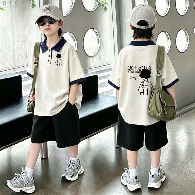 Boys' Trendy Patchwork Polo Cotton T-Shirt Set - Summer Short-Sleeve Collared Top for Kids