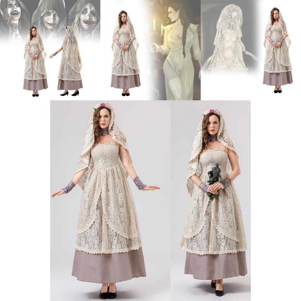 Elegant Lace Long Dress For Halloween Cosplay New Bride Costume For Women