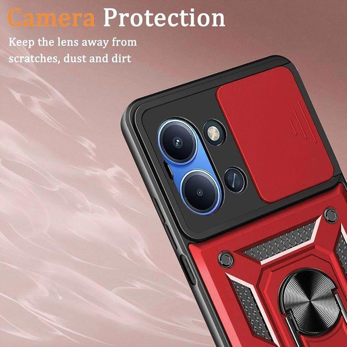 Coque pour Xiaomi Redmi 15C 4G/5G, Protection Résistante avec Anneau et Cache Caméra Coulissant - Rouge
