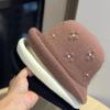 Winter New Style Curled Handmade Rhinestone Decorated Woolen Hat Japanese Style Warm Fisherman Hat Ladies Elegant Basin Hat Trend