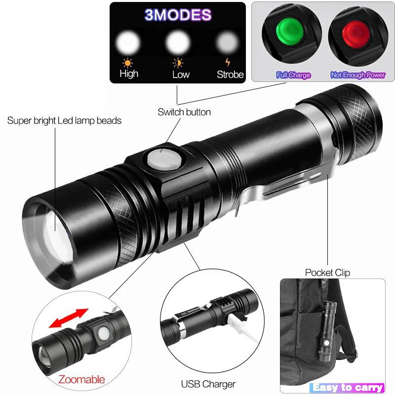 Best-Selling High-Power LED Flashlight: Aluminum Alloy, Zoom, USB Rechargeable, Portable Outdoor Multi-Function Mini Flashlight