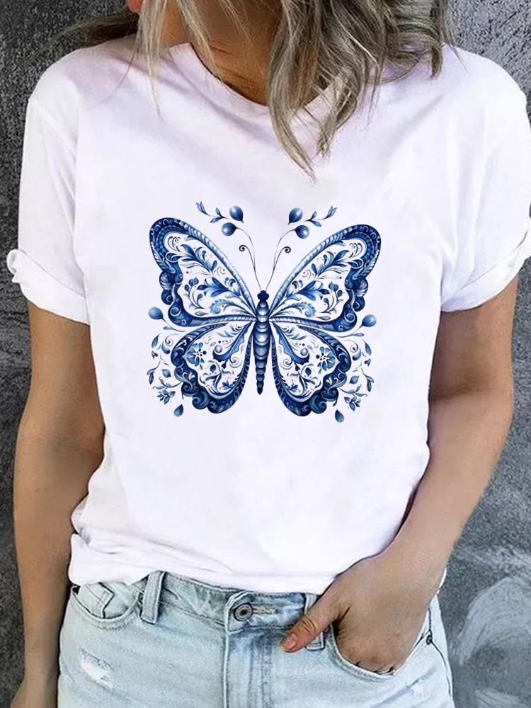 (Asian Size) Butterfly Flower Short Sleeve T-shirts Printed Clothing Lady Female Top Casual T Shirt Fashion Women Graphic Tee