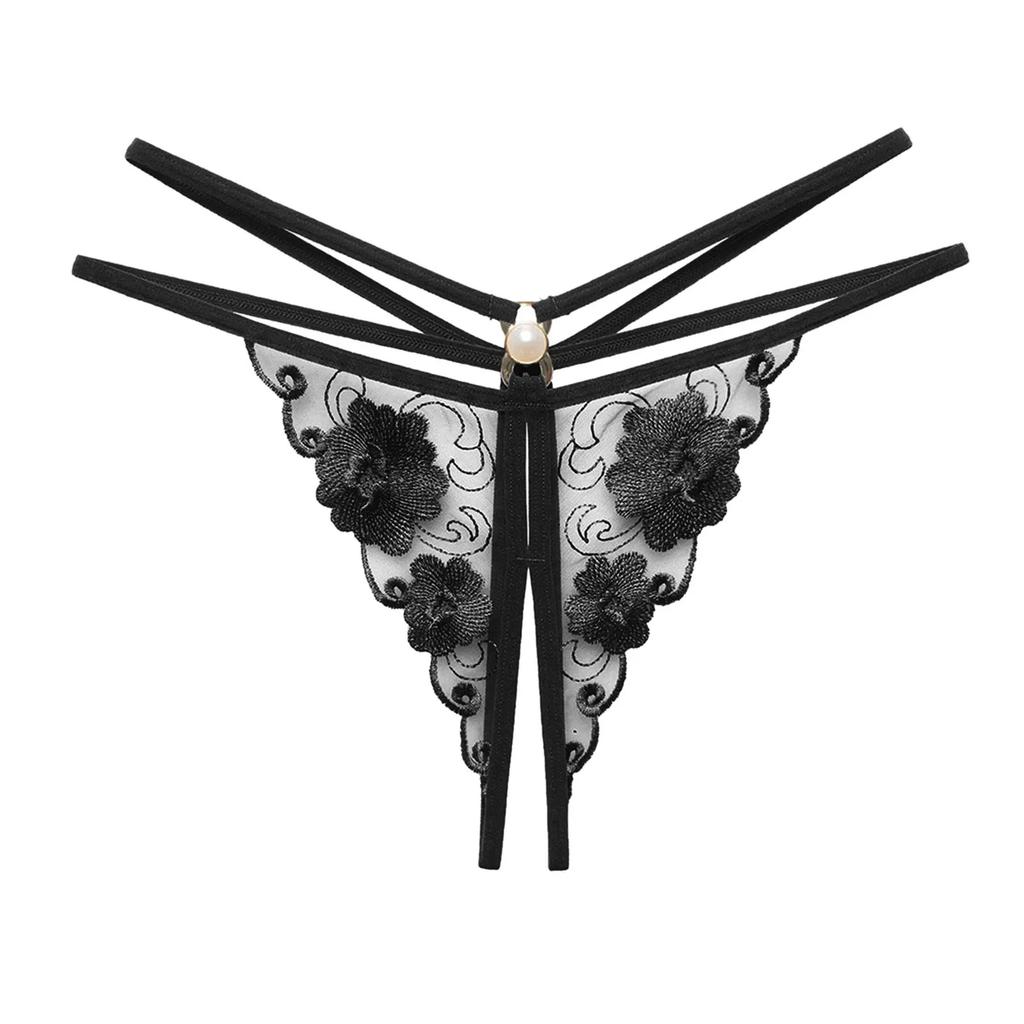 Lace Sexy Thong Ladies Cross Belt Ultra Thin Hollow Temptation Panties Open Crotch Pearl Cutout Thong