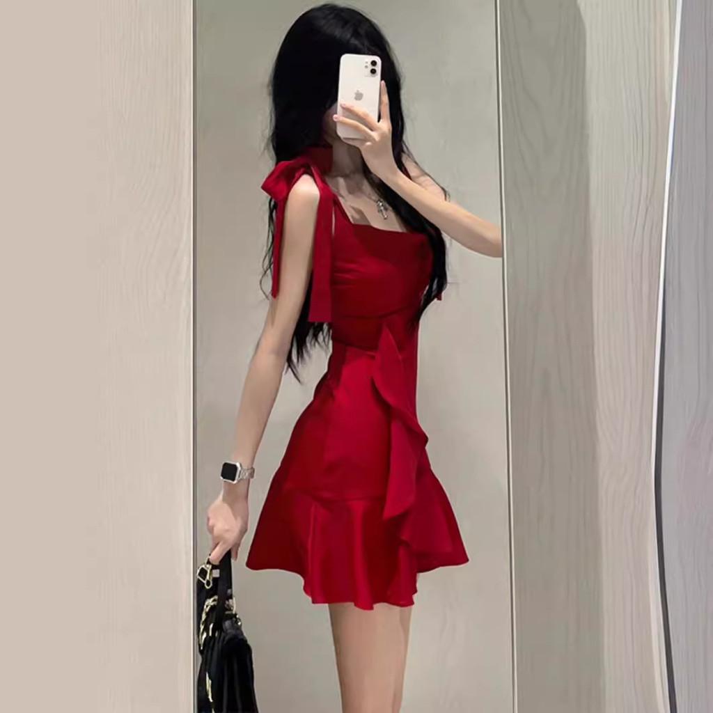 Vestido Rojo Sexy de Tirantes Finos con Parches para Moda de Verano