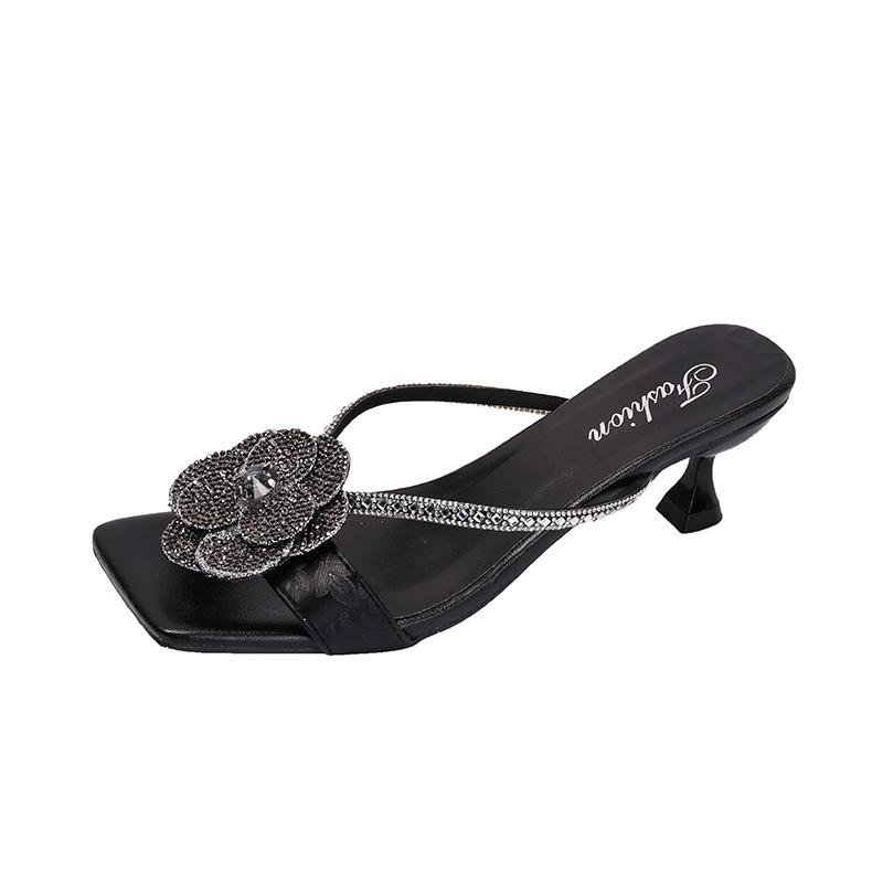 

Fashion Diamond-shaped Camellia High-heeled Flip-flops for Women To Wear in Summer, Square-toed Thin Heels 35 чёрный